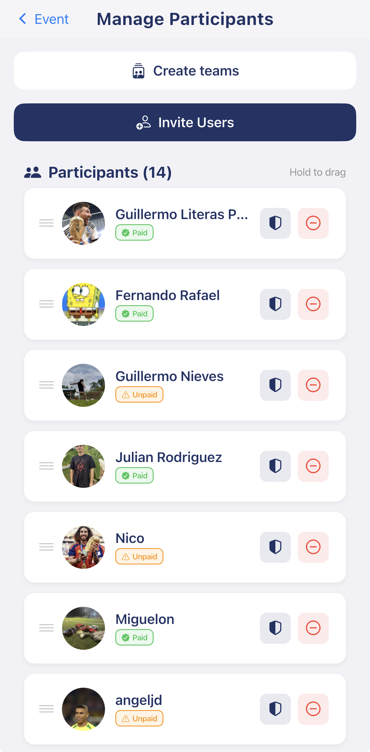 Manage Participants screen with paid and unpaid status